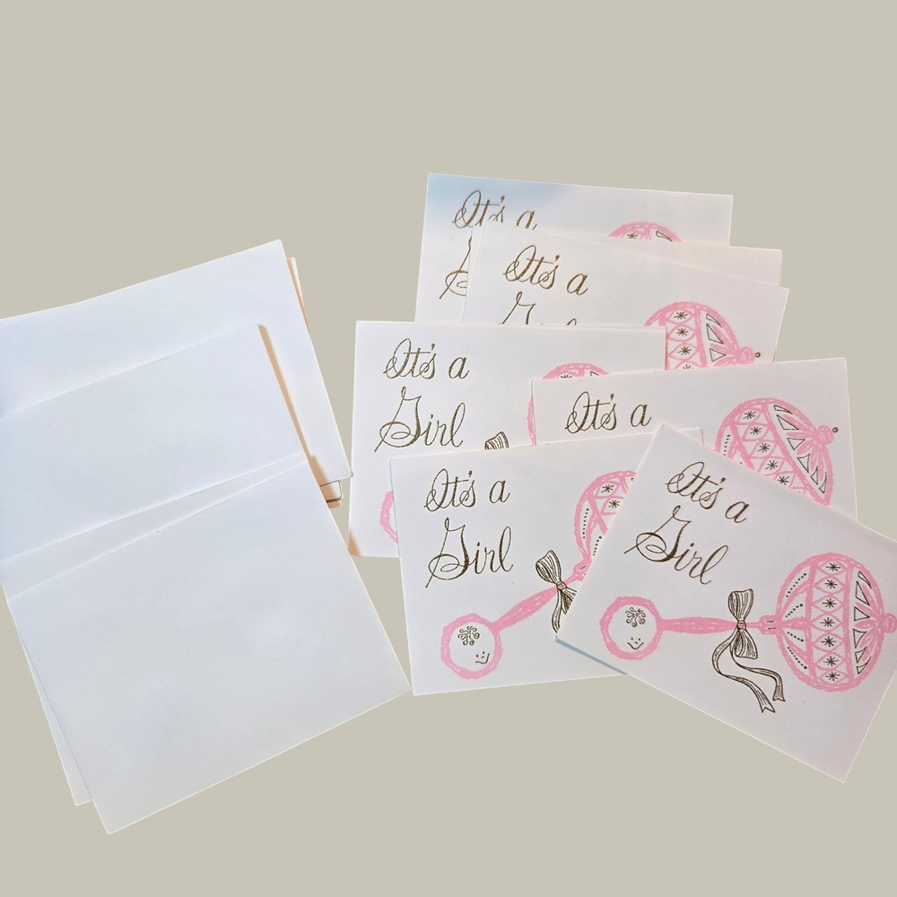 Vintage Its a Girl Birth Announcement Cards Pink Rattle Set of 6